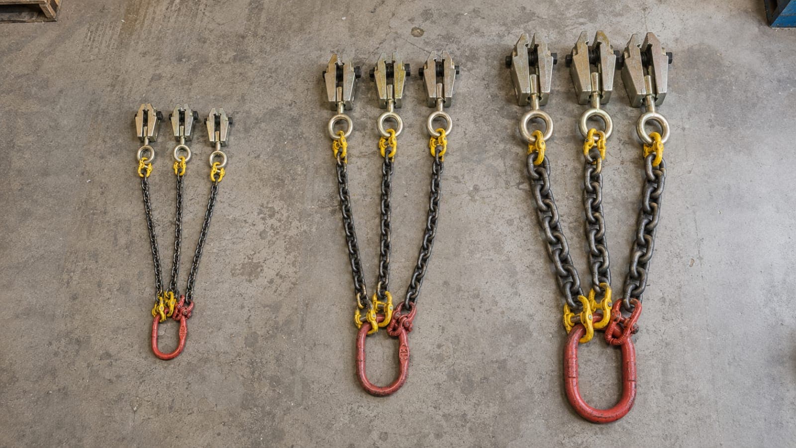 Three GOGGA FlexPull configurations at different physical scales, laid out on a workshop floor