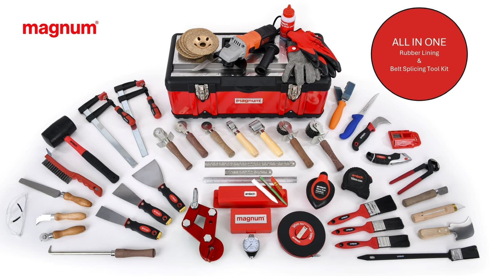 Magnum all-in-one rubber lining and belt splicing tool kit laid out with its case, angle grinder, rollers, knives and gloves